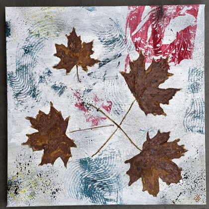 Falling Leaves- 50x50x4cm- Art.Nr. AS01-2023-1, Abstraktes Gemälde mit Blättern in Rostopt