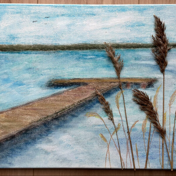 Verfügbar- "Steg"30x40cm, Ölkreide auf Leinwand mit Naturmaterialien in 3D -Preis 60€